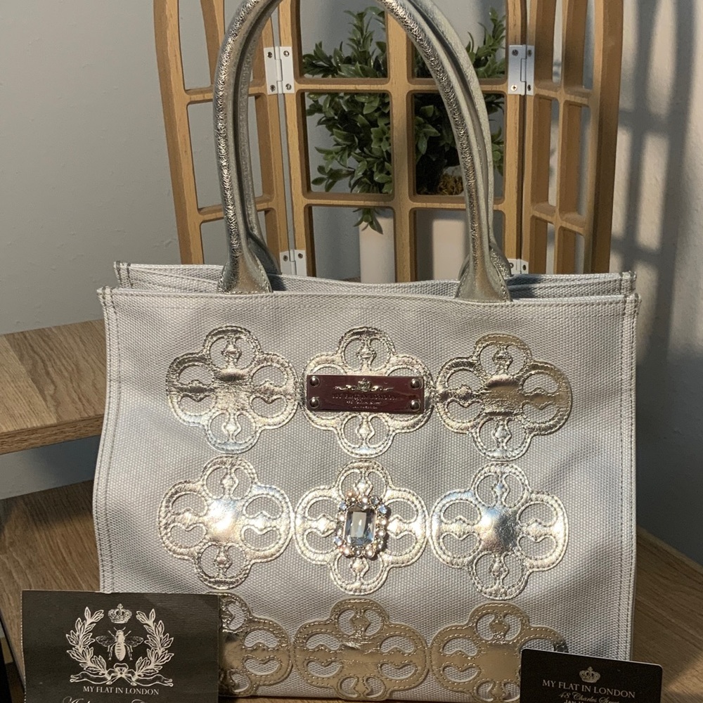 BRIGHTON MY FLAT IN LONDON ROYCETON SQUARE TOTE JEWELED COATED CANVAS LEATHER